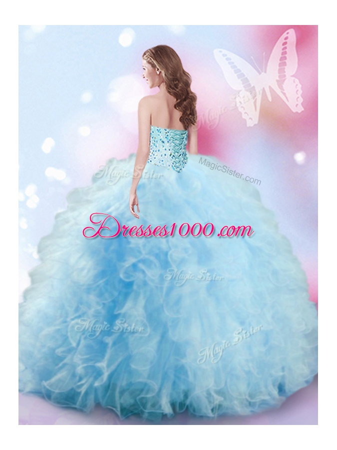 Baby Blue Lace Up Quinceanera Dress Beading and Ruffles Sleeveless Floor Length