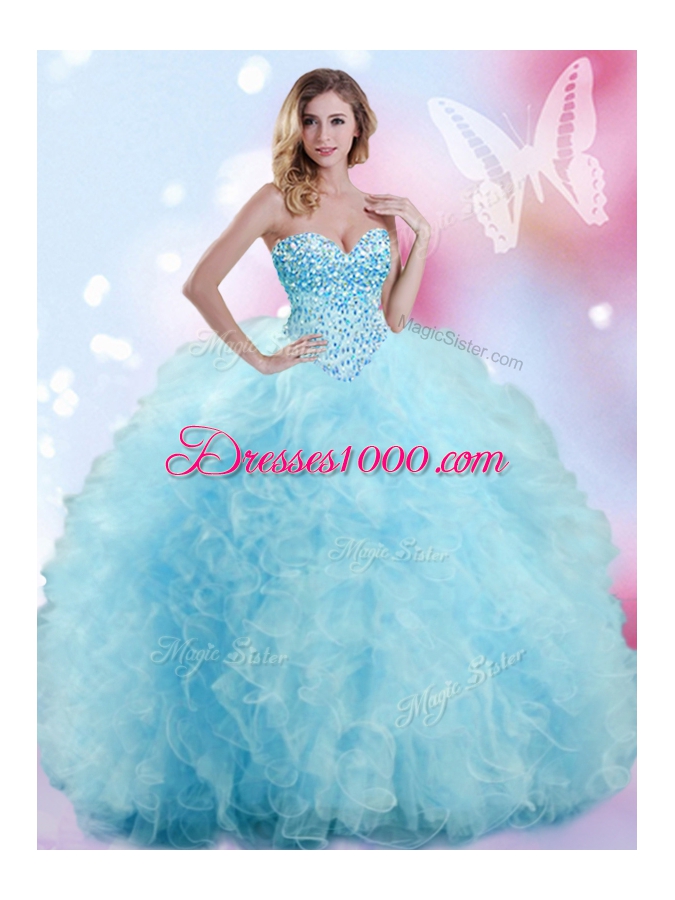 Baby Blue Lace Up Quinceanera Dress Beading and Ruffles Sleeveless Floor Length
