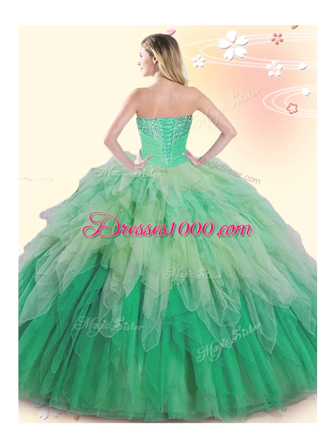 Custom Made Multi-color Sleeveless Floor Length Beading and Ruffles Lace Up Quinceanera Dresses