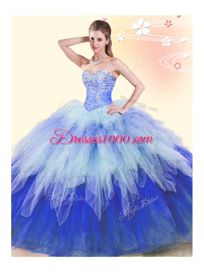 Custom Made Multi-color Sleeveless Floor Length Beading and Ruffles Lace Up Quinceanera Dresses