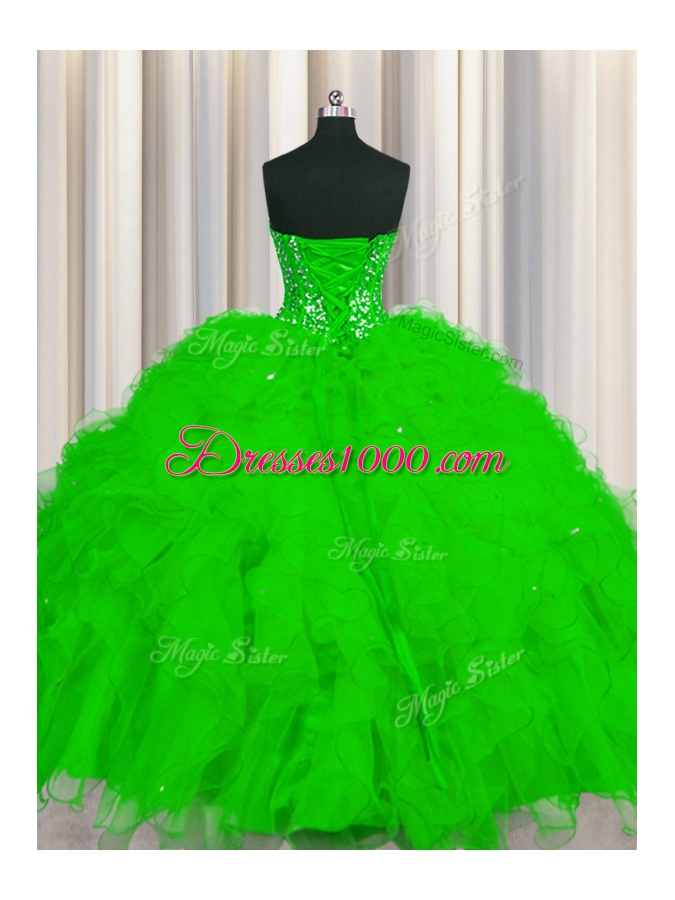 Deluxe Visible Boning Ball Gowns Beading and Ruffles and Sequins Quince Ball Gowns Lace Up Tulle Sleeveless Floor Length