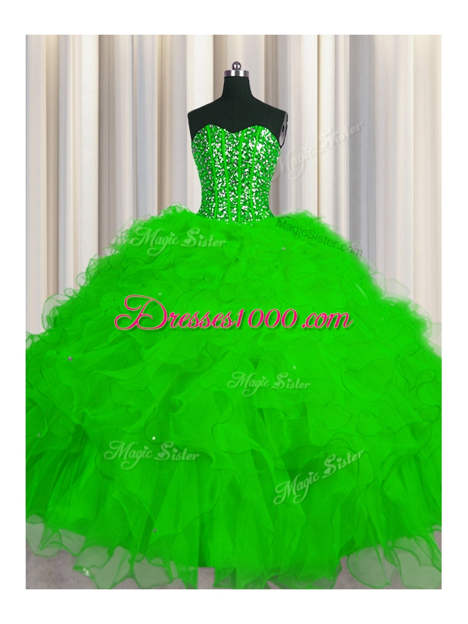 Deluxe Visible Boning Ball Gowns Beading and Ruffles and Sequins Quince Ball Gowns Lace Up Tulle Sleeveless Floor Length