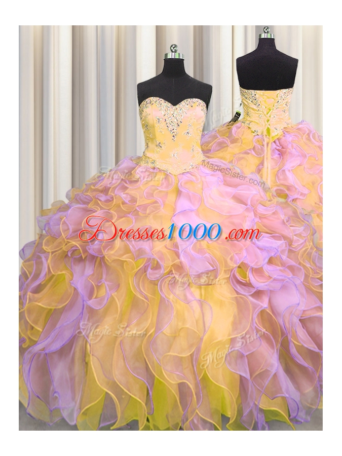 Exquisite Three Piece Floor Length Lace Up Quince Ball Gowns Multi-color and In for Military Ball and Sweet 16 and Quinceanera with Beading and Appliques and Ruffles
