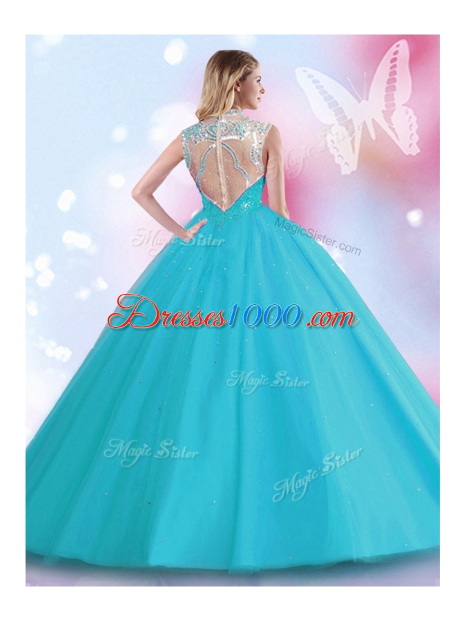 Fantastic Sleeveless Tulle Floor Length Zipper Sweet 16 Dresses in Red for with Beading and Sequins