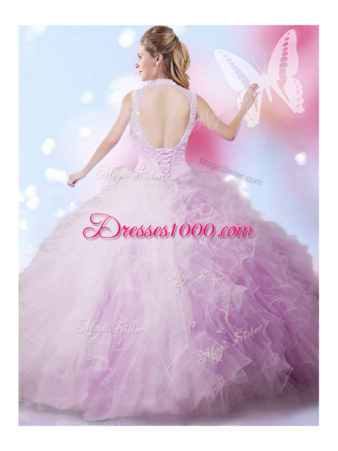 Luxury Sleeveless Floor Length Beading and Ruffles Lace Up Quinceanera Dresses with Lavender