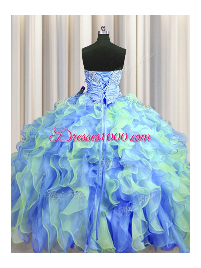 Multi-color Ball Gowns Beading and Appliques and Ruffles Sweet 16 Dress Lace Up Organza Sleeveless Floor Length