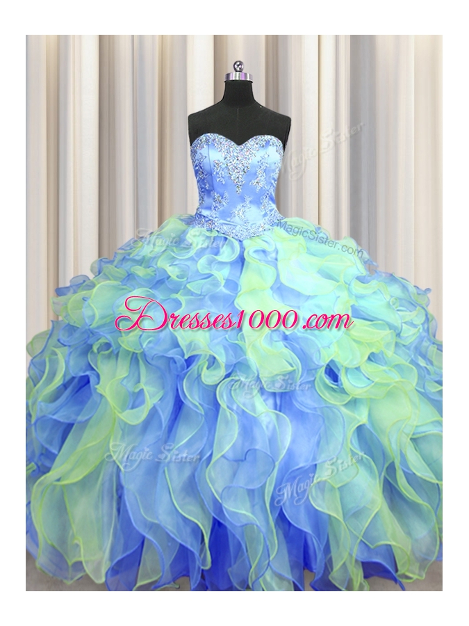 Multi-color Ball Gowns Beading and Appliques and Ruffles Sweet 16 Dress Lace Up Organza Sleeveless Floor Length