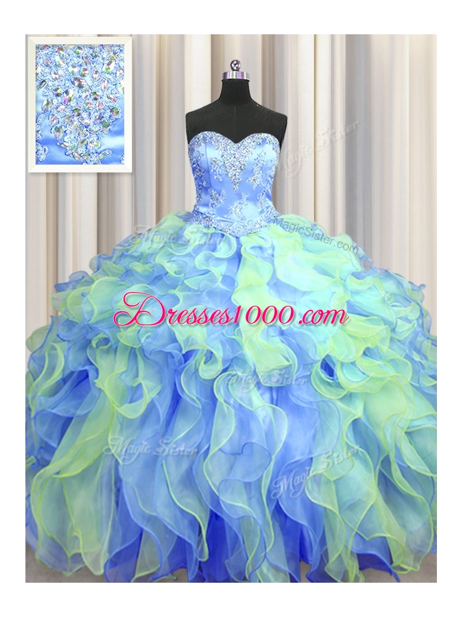 Multi-color Ball Gowns Beading and Appliques and Ruffles Sweet 16 Dress Lace Up Organza Sleeveless Floor Length