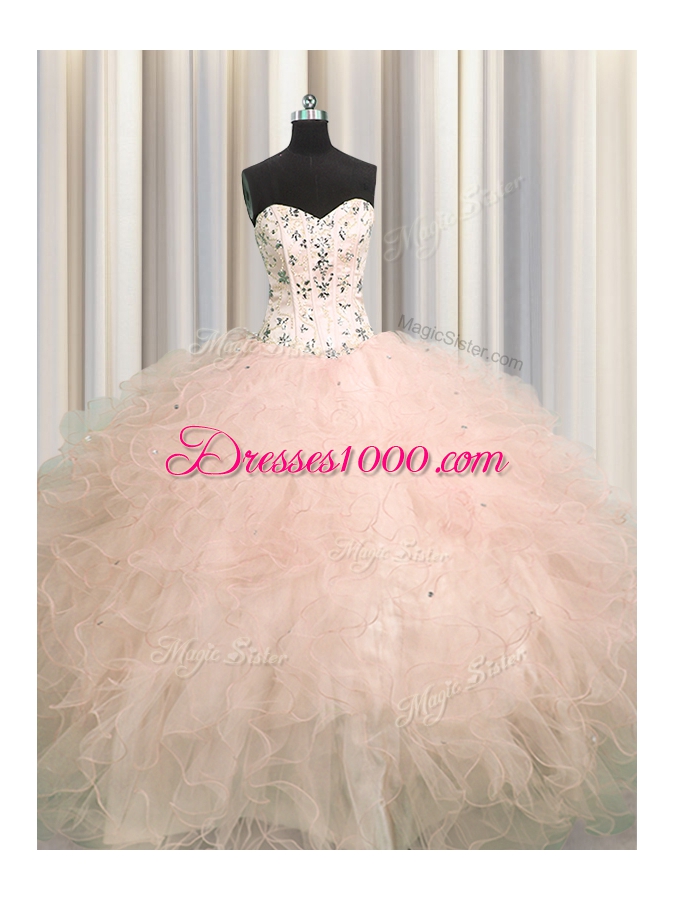 Nice Visible Boning Pink Sleeveless Tulle Lace Up Sweet 16 Dresses for Military Ball and Sweet 16 and Quinceanera