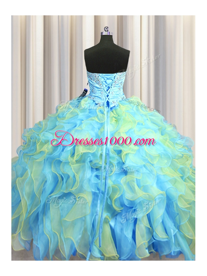 Perfect Multi-color Sleeveless Floor Length Beading and Appliques and Ruffles Lace Up Quinceanera Gown