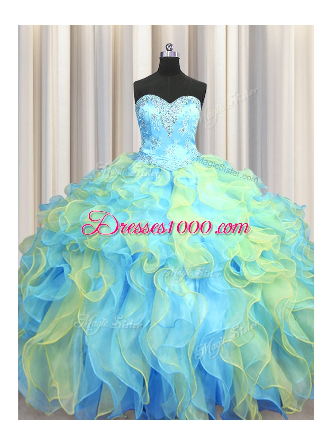 Perfect Multi-color Sleeveless Floor Length Beading and Appliques and Ruffles Lace Up Quinceanera Gown
