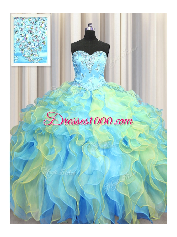 Perfect Multi-color Sleeveless Floor Length Beading and Appliques and Ruffles Lace Up Quinceanera Gown