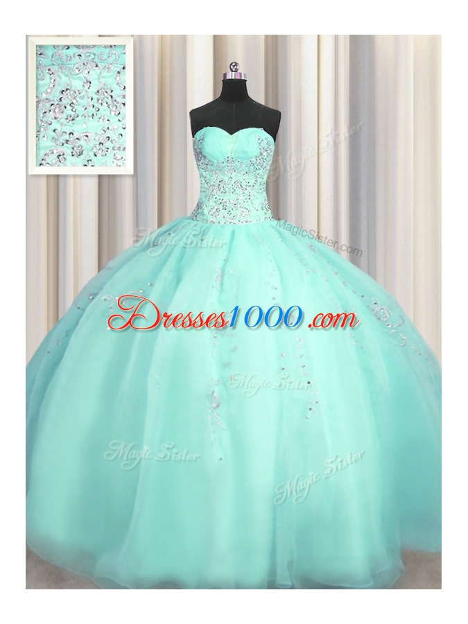 Really Puffy Floor Length Zipper Quince Ball Gowns Turquoise and In for Military Ball and Sweet 16 and Quinceanera with Beading and Appliques