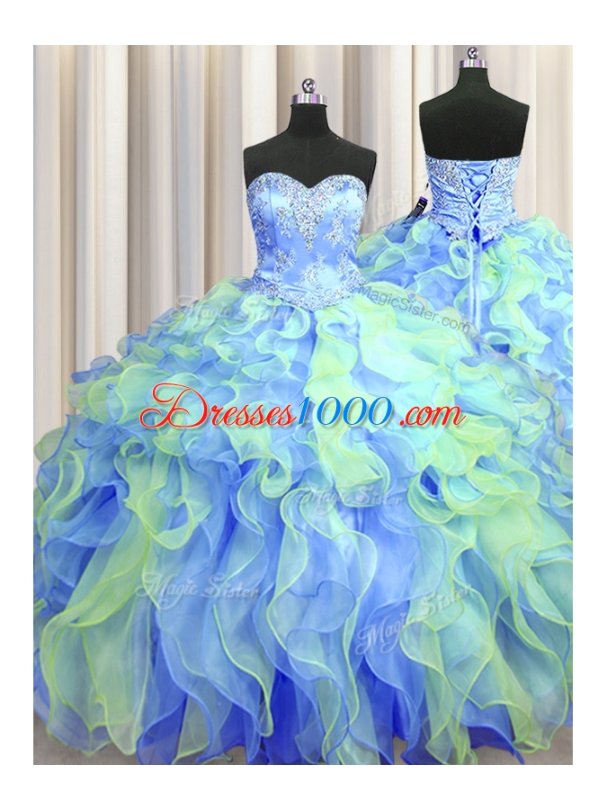Romantic Three Piece Sweetheart Sleeveless Lace Up Sweet 16 Dress Multi-color Organza
