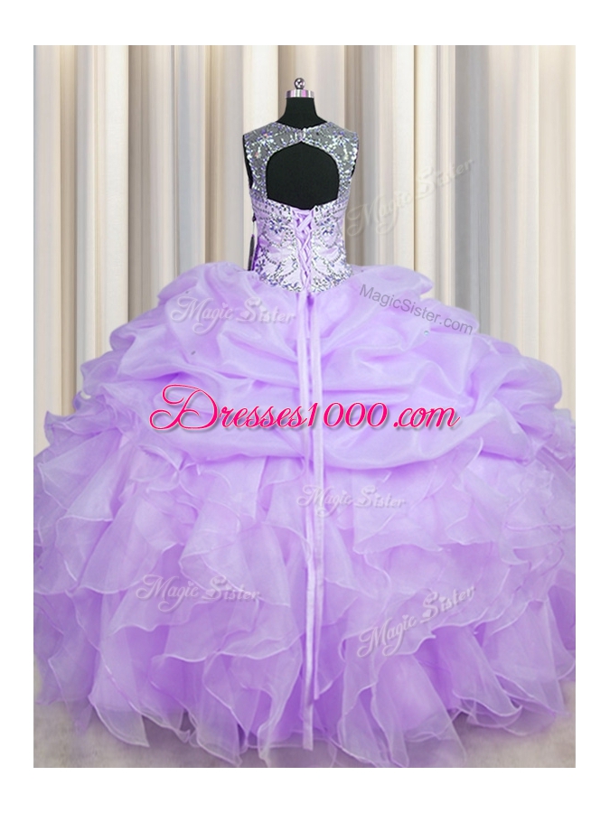 Scoop See Through Floor Length Lavender Sweet 16 Quinceanera Dress Organza Sleeveless Beading and Ruffles and Pick Ups