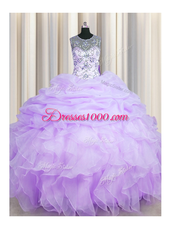 Scoop See Through Floor Length Lavender Sweet 16 Quinceanera Dress Organza Sleeveless Beading and Ruffles and Pick Ups