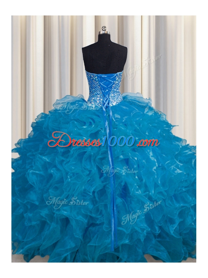 See Through Teal Lace Up Sweetheart Beading and Ruffles Sweet 16 Quinceanera Dress Organza Sleeveless