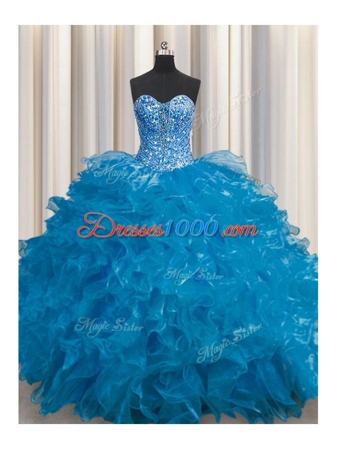See Through Teal Lace Up Sweetheart Beading and Ruffles Sweet 16 Quinceanera Dress Organza Sleeveless