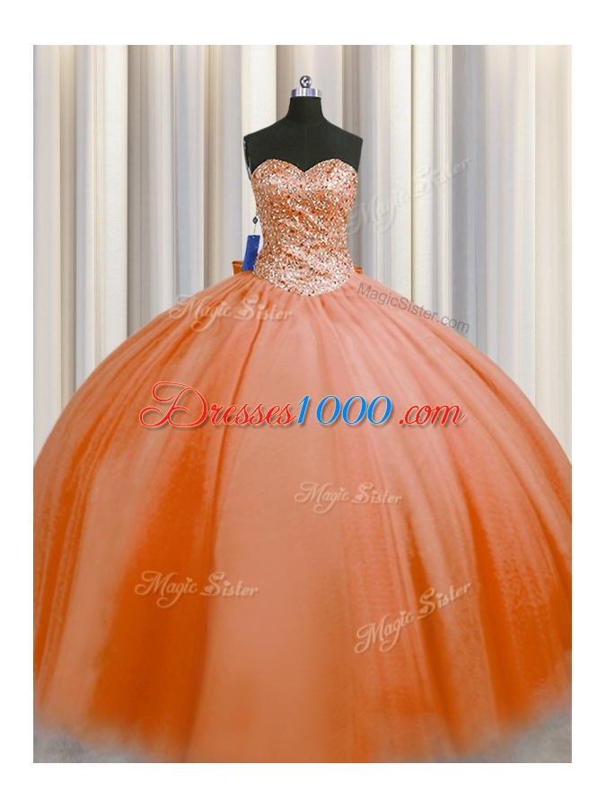 Sexy Puffy Skirt Orange Red Tulle Lace Up Sweetheart Sleeveless Floor Length Quinceanera Gown Beading