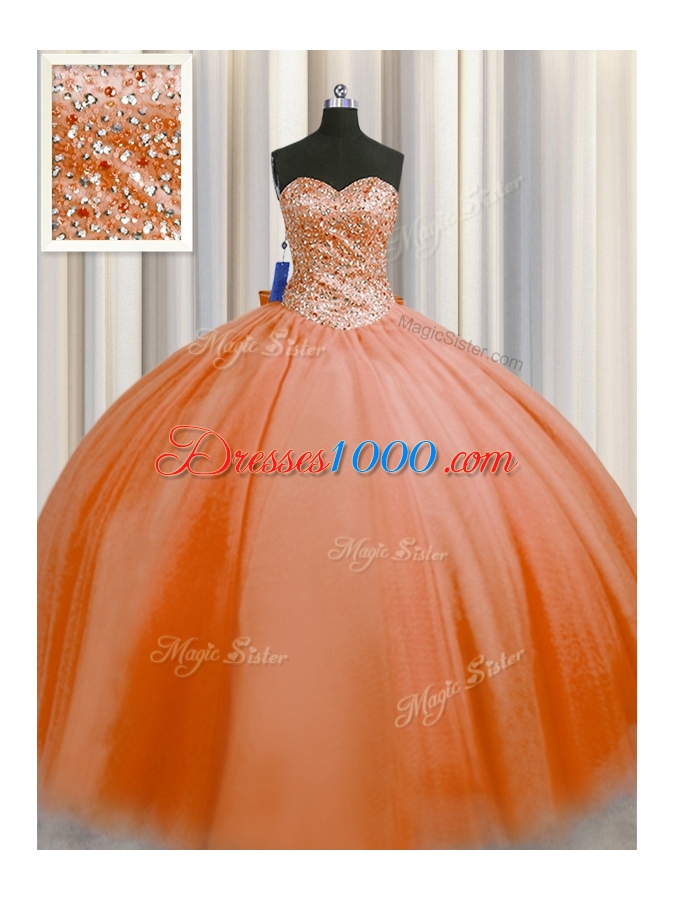 Sexy Puffy Skirt Orange Red Tulle Lace Up Sweetheart Sleeveless Floor Length Quinceanera Gown Beading