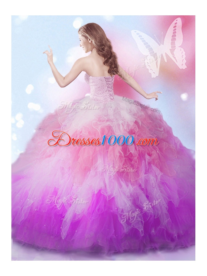 Sexy Sweetheart Sleeveless 15 Quinceanera Dress Floor Length Beading and Ruffles Multi-color Tulle