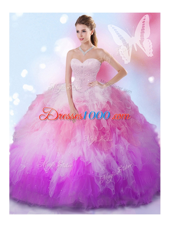 Sexy Sweetheart Sleeveless 15 Quinceanera Dress Floor Length Beading and Ruffles Multi-color Tulle