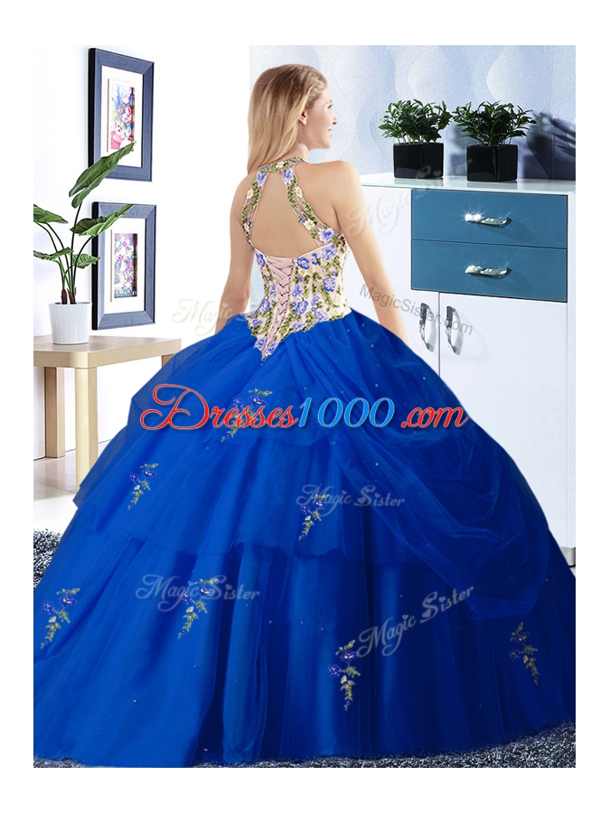 Smart Orange Halter Top Lace Up Embroidery and Pick Ups 15 Quinceanera Dress Sleeveless