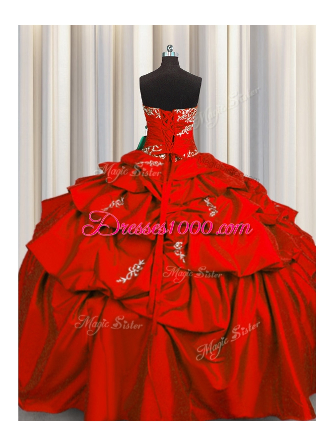 Taffeta Strapless Sleeveless Lace Up Appliques and Pick Ups 15 Quinceanera Dress in Red