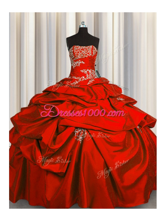 Taffeta Strapless Sleeveless Lace Up Appliques and Pick Ups 15 Quinceanera Dress in Red