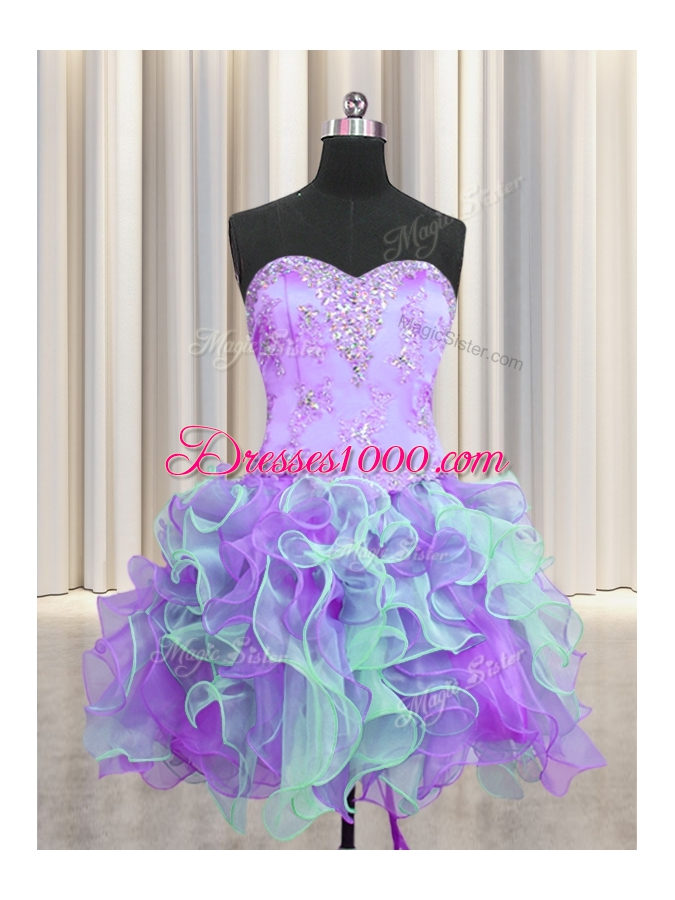 Three Piece Multi-color Organza Lace Up Ball Gown Prom Dress Sleeveless Floor Length Beading and Appliques