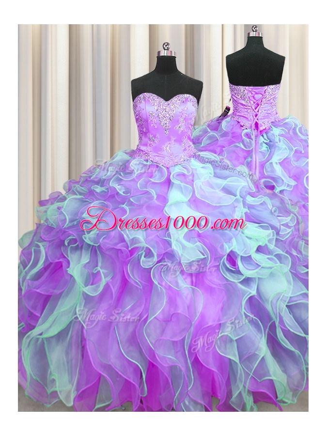 Three Piece Multi-color Organza Lace Up Ball Gown Prom Dress Sleeveless Floor Length Beading and Appliques