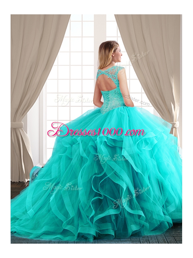 Three Piece Scoop Hot Pink Cap Sleeves Brush Train Beading and Appliques and Ruffles With Train Quince Ball Gowns