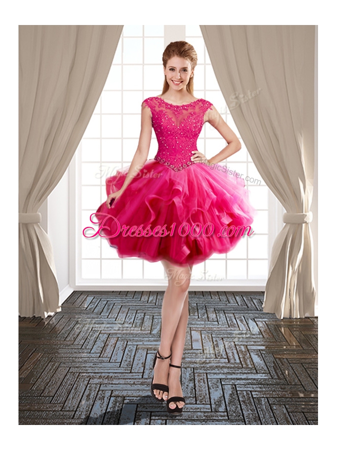 Three Piece Scoop Hot Pink Cap Sleeves Brush Train Beading and Appliques and Ruffles With Train Quince Ball Gowns