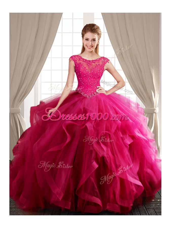Three Piece Scoop Hot Pink Cap Sleeves Brush Train Beading and Appliques and Ruffles With Train Quince Ball Gowns