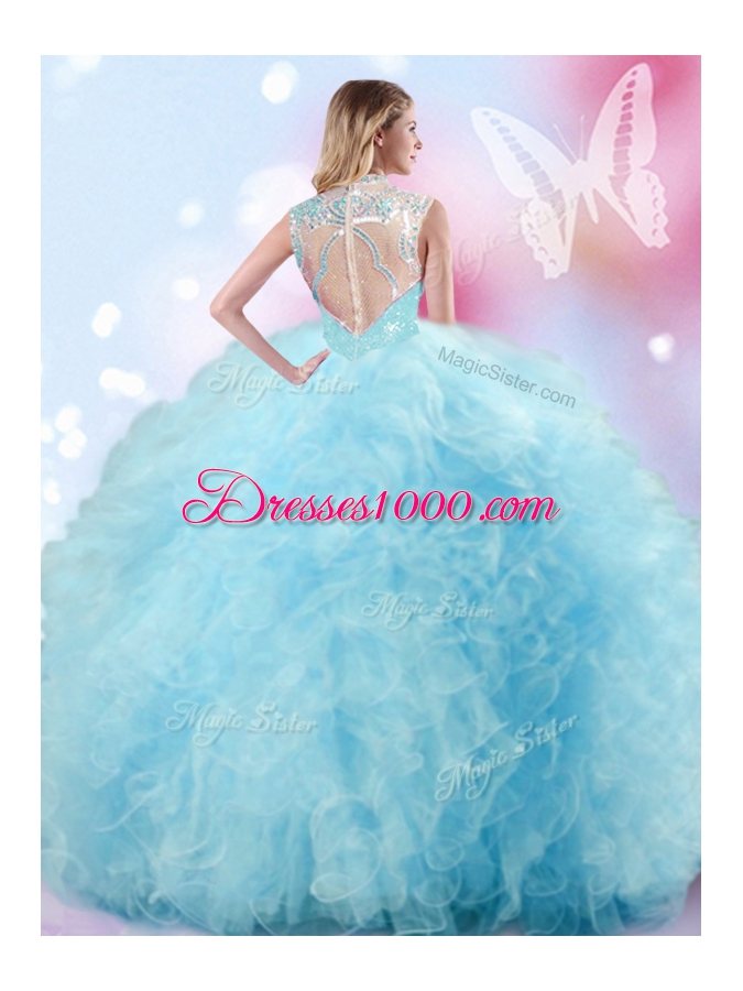 Trendy Light Blue Ball Gowns Tulle High-neck Sleeveless Beading and Ruffles and Pick Ups Floor Length Zipper Sweet 16 Dress