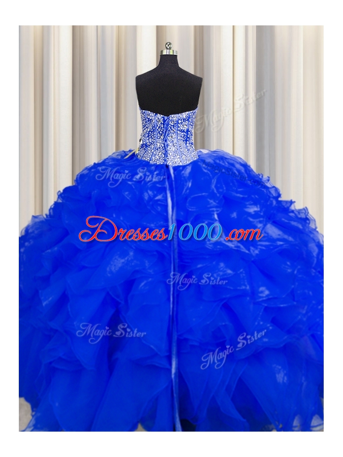 Visible Boning Beaded Bodice Floor Length Royal Blue 15th Birthday Dress Organza Sleeveless Beading and Ruffles
