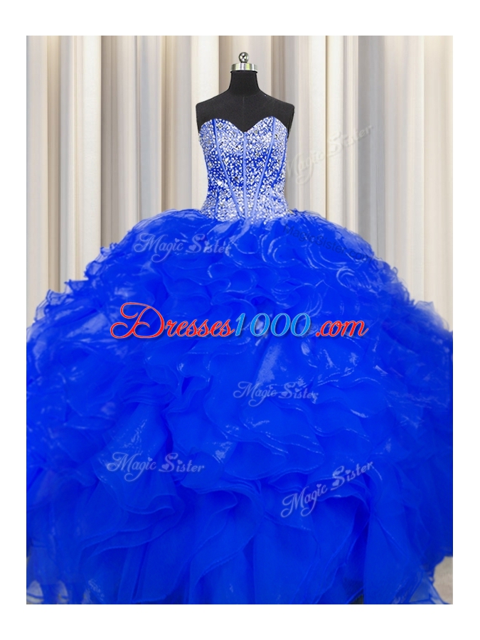 Visible Boning Beaded Bodice Floor Length Royal Blue 15th Birthday Dress Organza Sleeveless Beading and Ruffles