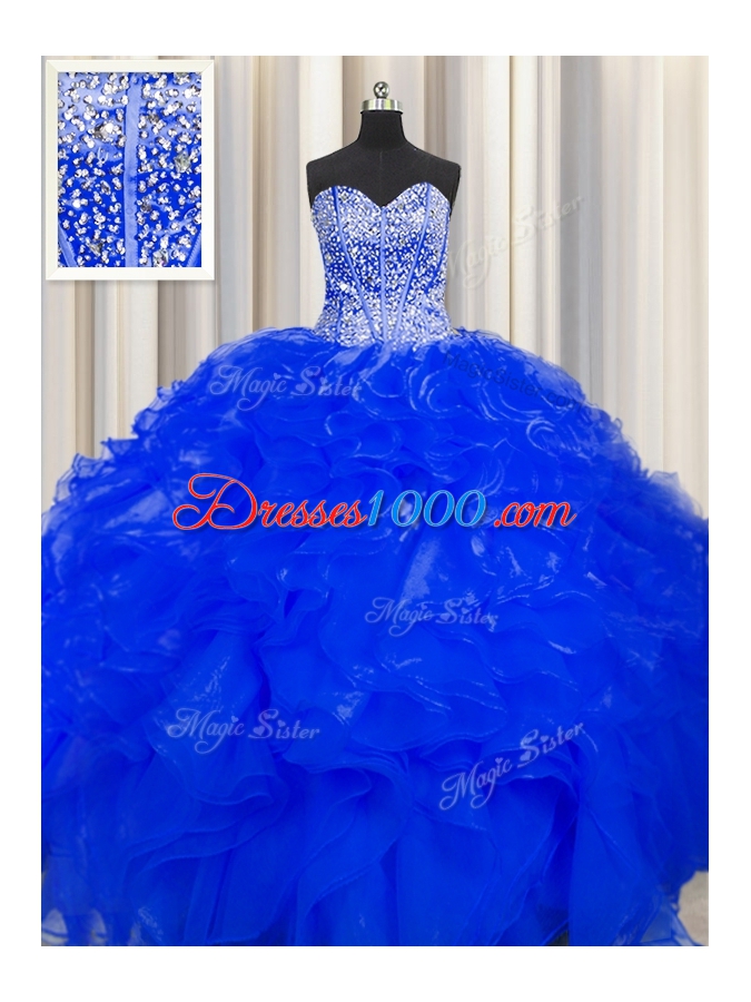 Visible Boning Beaded Bodice Floor Length Royal Blue 15th Birthday Dress Organza Sleeveless Beading and Ruffles
