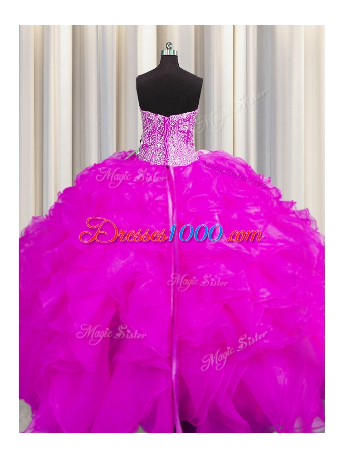 Visible Boning Beaded Bodice Fuchsia Lace Up Sweetheart Beading and Ruffles Quinceanera Dresses Organza Sleeveless