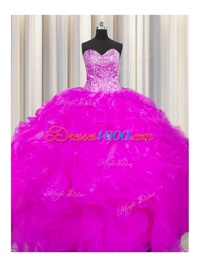 Visible Boning Beaded Bodice Fuchsia Lace Up Sweetheart Beading and Ruffles Quinceanera Dresses Organza Sleeveless