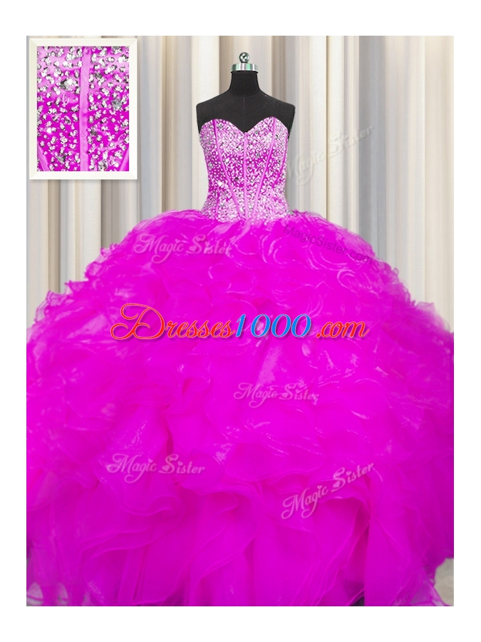 Visible Boning Beaded Bodice Fuchsia Lace Up Sweetheart Beading and Ruffles Quinceanera Dresses Organza Sleeveless