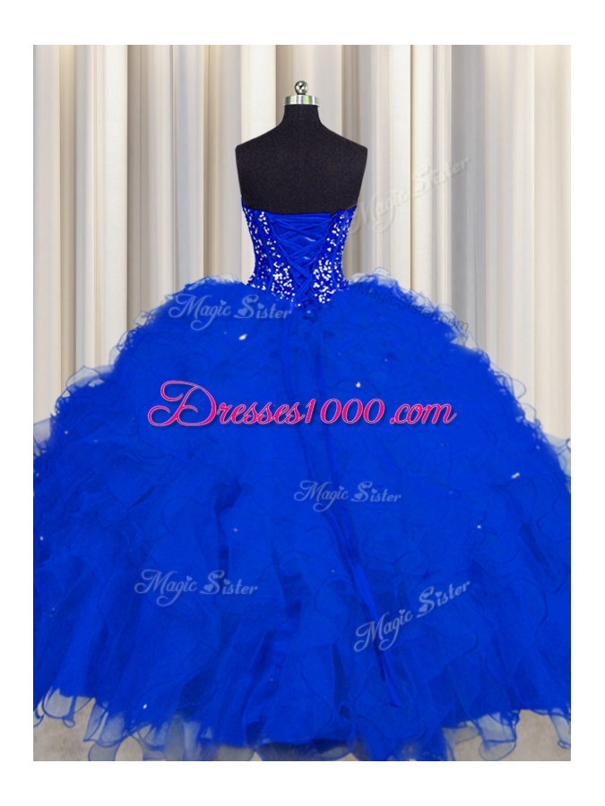 Visible Boning Beading and Ruffles and Sequins Quinceanera Dresses Royal Blue Lace Up Sleeveless Floor Length