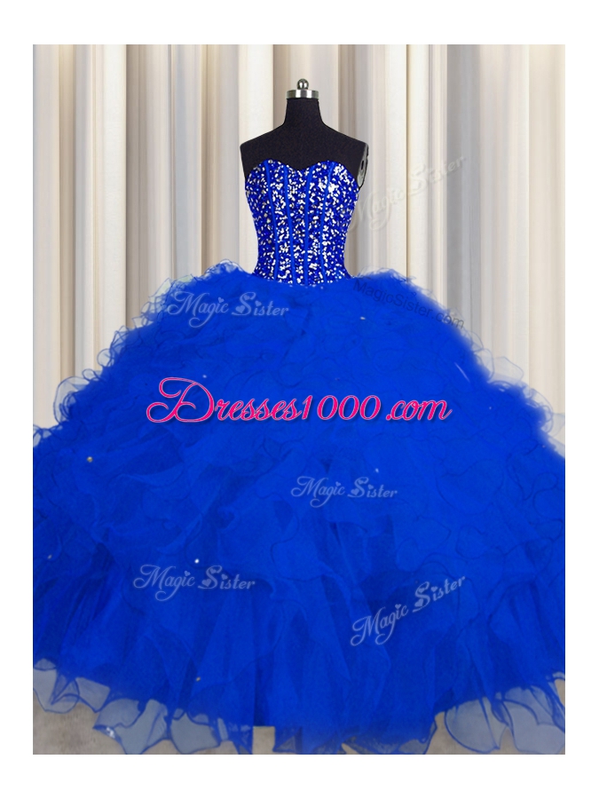 Visible Boning Beading and Ruffles and Sequins Quinceanera Dresses Royal Blue Lace Up Sleeveless Floor Length
