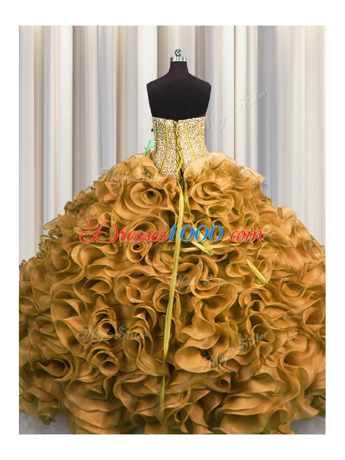 Visible Boning Gold Sleeveless Organza Lace Up Quinceanera Gowns for Military Ball and Sweet 16 and Quinceanera