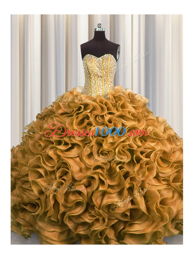 Visible Boning Gold Sleeveless Organza Lace Up Quinceanera Gowns for Military Ball and Sweet 16 and Quinceanera