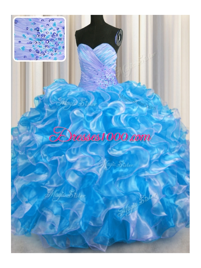 Affordable Floor Length Lace Up Quinceanera Dresses Blue And White and In for Military Ball and Sweet 16 and Quinceanera with Beading and Ruffles