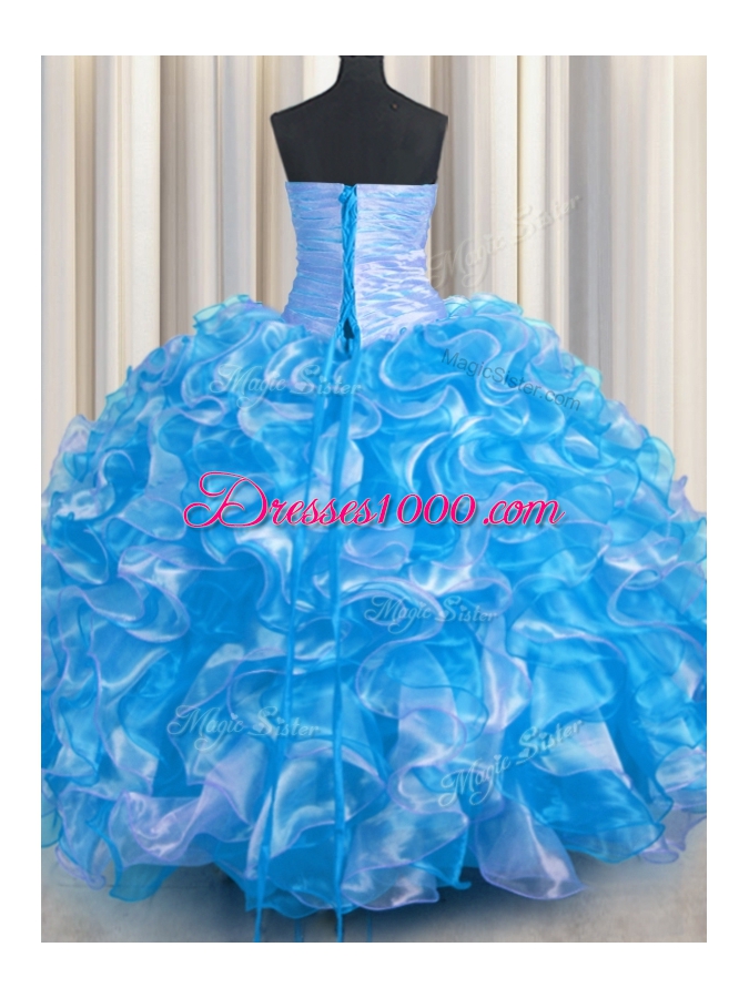 Affordable Floor Length Lace Up Quinceanera Dresses Blue And White and In for Military Ball and Sweet 16 and Quinceanera with Beading and Ruffles