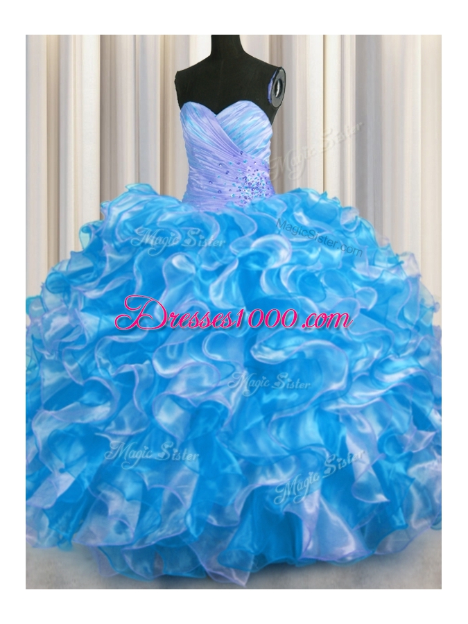Affordable Floor Length Lace Up Quinceanera Dresses Blue And White and In for Military Ball and Sweet 16 and Quinceanera with Beading and Ruffles