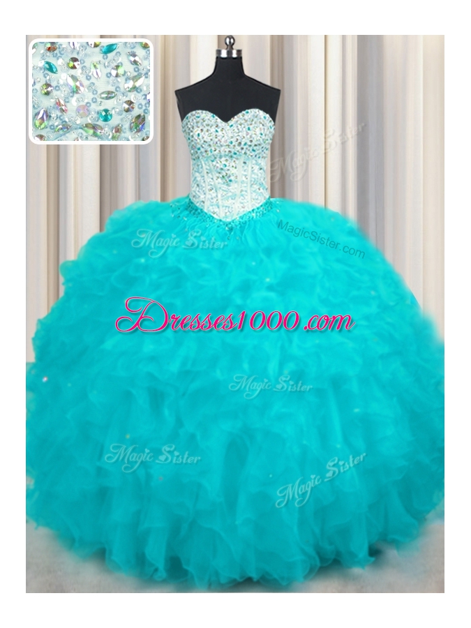 Aqua Blue Sweetheart Neckline Beading and Ruffles 15 Quinceanera Dress Sleeveless Lace Up