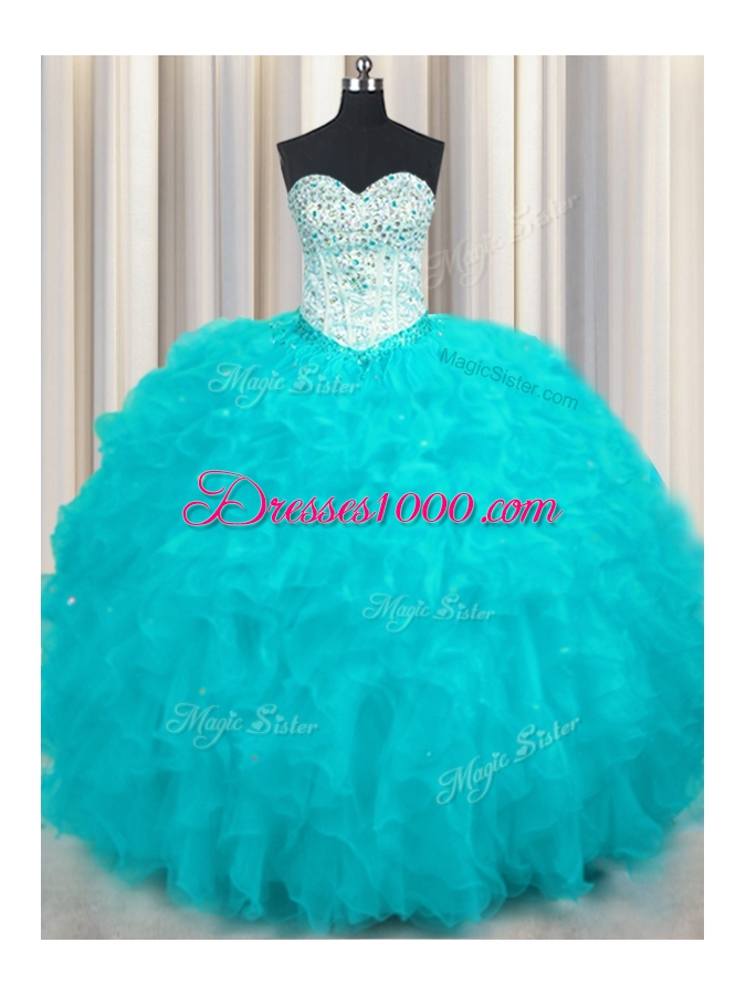 Aqua Blue Sweetheart Neckline Beading and Ruffles 15 Quinceanera Dress Sleeveless Lace Up